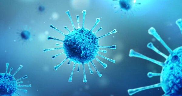 Virus infection close up. 3D medical illustration Microscopic view of virus on blue background. Coronavirus COVID-19