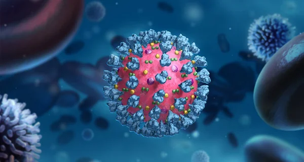Virüs enfeksiyonu kapanıyor. Mavi arka planda virüsün 3 boyutlu tıbbi illüstrasyonu mikroskobik görüntüsü. Coronavirus COVID-19