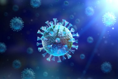 Virüs enfeksiyonu kapanıyor. Üç boyutlu tıbbi illüstrasyon. Karanlık arka planda virüsün mikroskobik görüntüsü. Coronavirus COVID-19