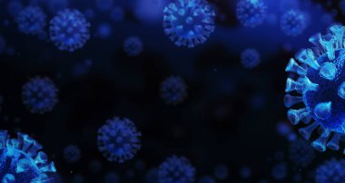 Virüs enfeksiyonu kapanıyor. Üç boyutlu tıbbi illüstrasyon. Karanlık arka planda virüsün mikroskobik görüntüsü. Coronavirus COVID-19