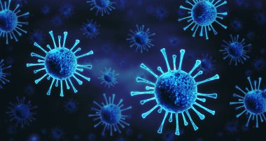 Virüs enfeksiyonu kapanıyor. Üç boyutlu tıbbi illüstrasyon. Karanlık arka planda virüsün mikroskobik görüntüsü. Coronavirus COVID-19