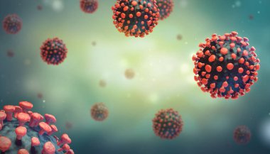 Virüs enfeksiyonu kapanıyor. Işık arkaplanındaki virüsün 3 boyutlu tıbbi illüstrasyonu mikroskobik görünümü. Coronavirus COVID-19