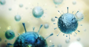 Virüs enfeksiyonu kapanıyor. Işık arkaplanındaki virüsün 3 boyutlu tıbbi illüstrasyonu mikroskobik görünümü. Coronavirus COVID-19