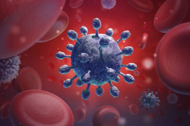 Virüs enfeksiyonu yakın plan. Kırmızı arkaplanda virüsün 3 boyutlu tıbbi illüstrasyonu mikroskobik görünümü. Coronavirus COVID-19