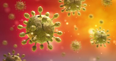 Virüs enfeksiyonu yakın plan. Kırmızı arkaplanda virüsün 3 boyutlu tıbbi illüstrasyonu mikroskobik görünümü. Coronavirus COVID-19