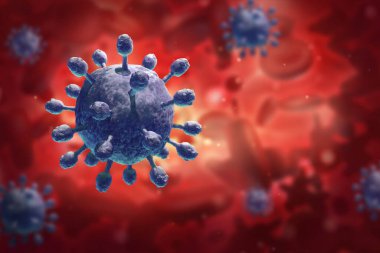 Virüs enfeksiyonu yakın plan. Kırmızı arkaplanda virüsün 3 boyutlu tıbbi illüstrasyonu mikroskobik görünümü. Coronavirus COVID-19