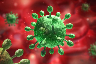 Virüs enfeksiyonu yakın plan. Kırmızı arkaplanda virüsün 3 boyutlu tıbbi illüstrasyonu mikroskobik görünümü. Coronavirus COVID-19
