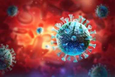 Virüs enfeksiyonu yakın plan. Kırmızı arkaplanda virüsün 3 boyutlu tıbbi illüstrasyonu mikroskobik görünümü. Coronavirus COVID-19