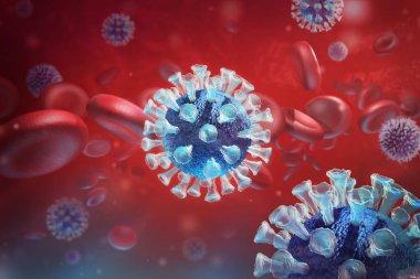 Virüs enfeksiyonu yakın plan. Kırmızı arkaplanda virüsün 3 boyutlu tıbbi illüstrasyonu mikroskobik görünümü. Coronavirus COVID-19
