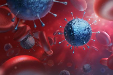 Virüs enfeksiyonu yakın plan. Kırmızı arkaplanda virüsün 3 boyutlu tıbbi illüstrasyonu mikroskobik görünümü. Coronavirus COVID-19