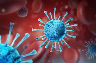 Virüs enfeksiyonu yakın plan. Kırmızı arkaplanda virüsün 3 boyutlu tıbbi illüstrasyonu mikroskobik görünümü. Coronavirus COVID-19