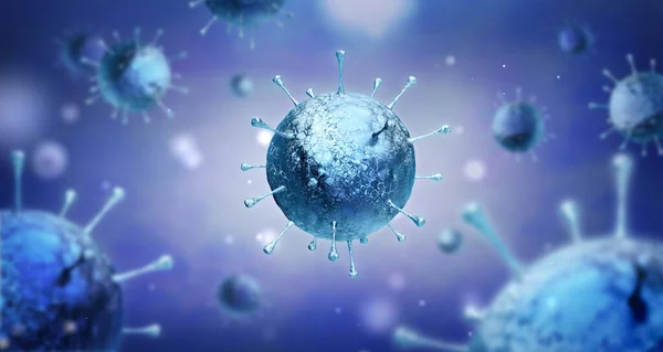 Virüs enfeksiyonu kapanıyor. 3 boyutlu tıbbi illüstrasyon. Renk arkaplanındaki virüsün mikroskobik görüntüsü. Coronavirus COVID-19