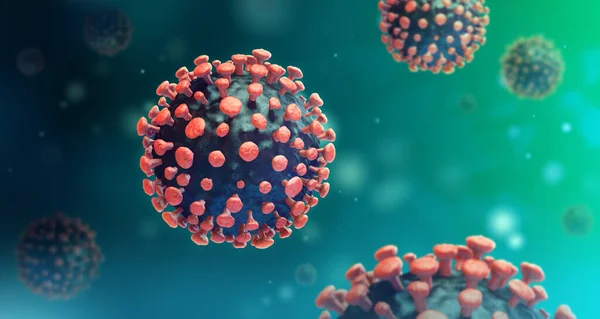Virüs enfeksiyonu kapanıyor. 3 boyutlu tıbbi illüstrasyon. Renk arkaplanındaki virüsün mikroskobik görüntüsü. Coronavirus COVID-19