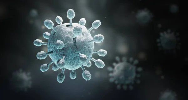 Virus infection close up. 3D medical illustration Microscopic view of virus on dark background. Coronavirus COVID-19