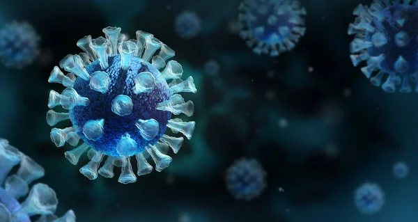 Virus infection close up. 3D medical illustration Microscopic view of virus on dark background. Coronavirus COVID-19