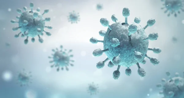 Virüs enfeksiyonu kapanıyor. Işık arkaplanındaki virüsün 3 boyutlu tıbbi illüstrasyonu mikroskobik görünümü. Coronavirus COVID-19