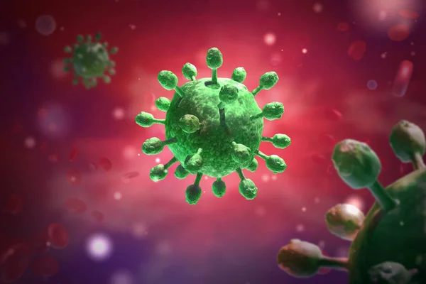 Virüs enfeksiyonu yakın plan. Kırmızı arkaplanda virüsün 3 boyutlu tıbbi illüstrasyonu mikroskobik görünümü. Coronavirus COVID-19