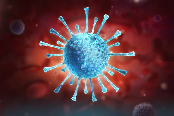 Virus infection closeup. 3D medical illustration Microscopic view of virus on red background. Coronavirus COVID-19