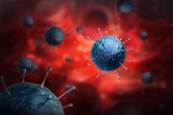 Virüs enfeksiyonu yakın plan. Kırmızı arkaplanda virüsün 3 boyutlu tıbbi illüstrasyonu mikroskobik görünümü. Coronavirus COVID-19