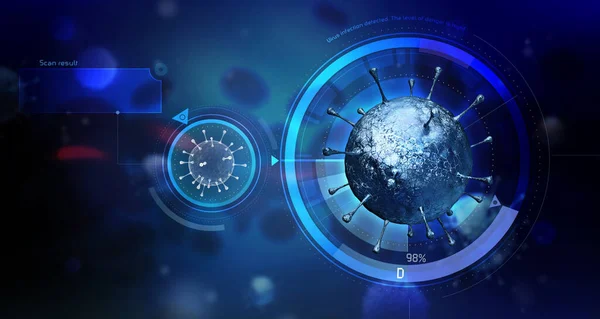 Kanda virüs enfeksiyonu tespit edildi. Virüs enfeksiyonunun mikroskobik görüntüsü. Üç boyutlu tıbbi illüstrasyon. Coronavirus. COVID-19