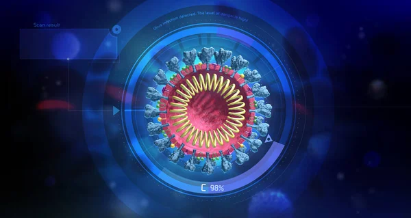 Kanda virüs enfeksiyonu tespit edildi. Virüs enfeksiyonunun mikroskobik görüntüsü. Üç boyutlu tıbbi illüstrasyon. Coronavirus. COVID-19
