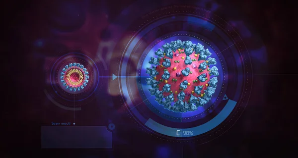 Kanda virüs enfeksiyonu tespit edildi. Virüs enfeksiyonunun mikroskobik görüntüsü. Üç boyutlu tıbbi illüstrasyon. Coronavirus. COVID-19