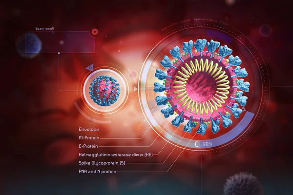 Virus structure model. Infection close up. 3D medical wallpaper. Microscopic view of virus. Coronavirus. COVID-19