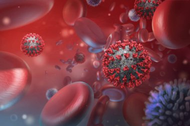 Virüs enfeksiyonu kapanıyor. COVID-19 'un 3 boyutlu tıbbi çizimi. Coronavirüs