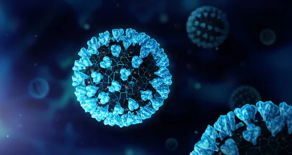 Korkunç virüs enfeksiyonu yaklaşıyor. COVID-19 'un 3 boyutlu medikal illüstrasyon duvar kağıdı. Koyu renk koronavirüs kavramı