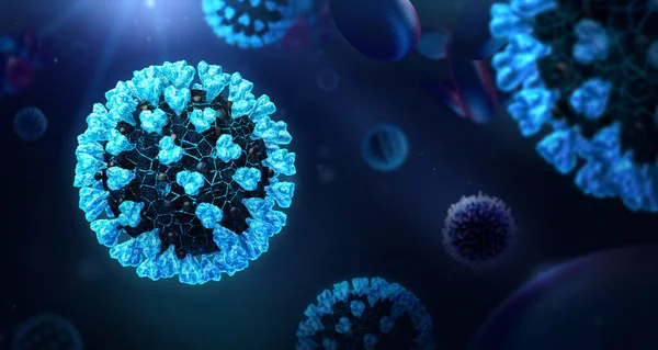 Korkunç virüs enfeksiyonu yaklaşıyor. COVID-19 'un 3 boyutlu medikal illüstrasyon duvar kağıdı. Koyu renk koronavirüs kavramı