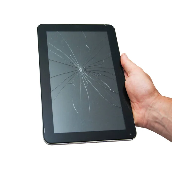 Kırık ekranlı tablet erkek eli izole