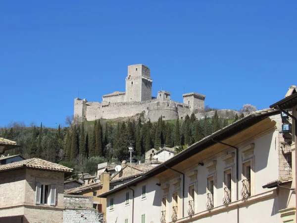 Vista Del Castillo Rocca Maggiore Colina Asís Italia Día Soleado —  Fotos de Stock