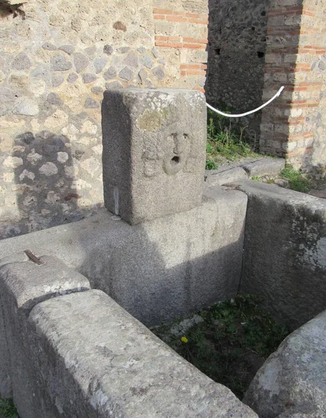 Blick Auf Die Ruinen Eines Brunnens Mit Einer Gesichtsskulptur Pompeji — Stockfoto