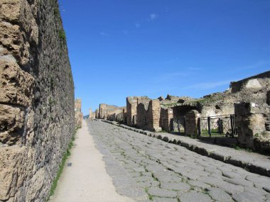 İtalya 'daki Pompeii antik kentinin kalıntılarının bir caddesini incele. Volkan Vezüv Dağı' nın patlaması sonucu yok olmuş. 