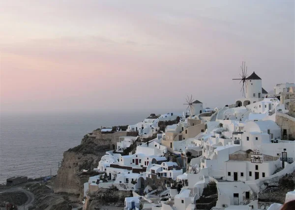 Beautiful Colorful Sunset One Visible Windmill Island Santorini Greece Village — Stock Photo, Image