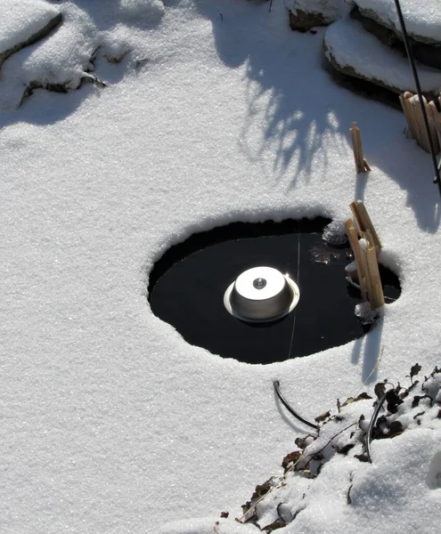Karla kaplı Koi havuzu ve buzu eriten elektrikli gölet ısıtıcısı yapılmış bir adam görüntüsü.