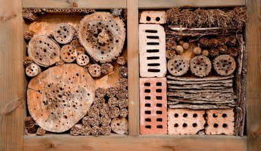 böcek otel bahçesinde doğal malzemelerden oluşturulan