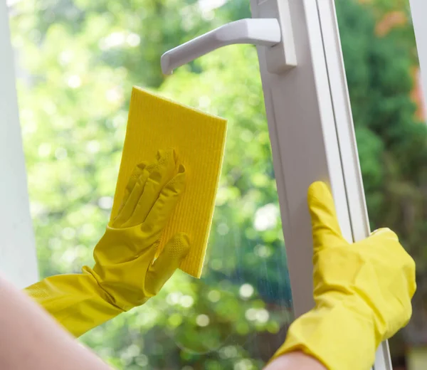 Cleaning Opened Vinyl Window Protective Glove Hand Cleaning Cloth — Stock Photo, Image