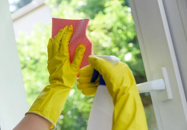 Cleaning Closed Vinyl Plastic Window Protective Yellow Gloves Hands Cleaning — Stock Photo, Image