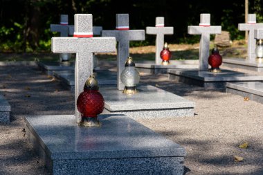 1920 Polonya-Sovyet Savaşı anısına, Ukrayna 'daki Zadvirya tren istasyonu yakınlarındaki Polonya askeri anıtında haç üstüne mezar. Boşluğu kopyala.