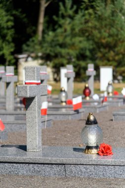 1920 Polonya-Sovyet Savaşı anısına, Ukrayna 'daki Zadvirya tren istasyonu yakınlarındaki Polonya askeri anıtında haç üstüne mezar. Boşluğu kopyala.