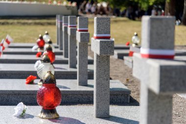 1920 Polonya-Sovyet Savaşı anısına, Ukrayna 'daki Zadvirya tren istasyonu yakınlarındaki Polonya askeri anıtında haç üstüne mezar. Boşluğu kopyala.