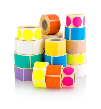 Colored label rolls isolated on white background with shadow reflection. Color reels of labels for printers. Labels for direct thermal or thermal transfer printing. Square and circle labels background clipart