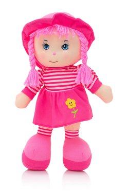 Pinky plushie bebek gölge yansıması ile beyaz arka plan üzerinde izole. Sevimli bez bebek bebek gölge yansıması ile beyaz arka plan üzerinde izole. Pinky bebek beyaz zemin üzerinde.