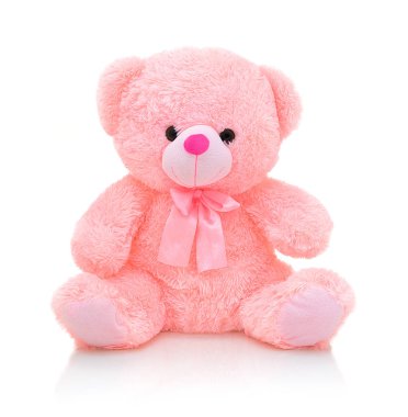 Gölge yansıması ile beyaz arka plan üzerinde izole yay ile sevimli pembe bir ayı bebek. Beyaz altlık üzerinde oturan oynak parlak pembe bir ayı. Oyuncak ayı peluş oyuncak kukla ile şerit beyaz zemin üzerinde.