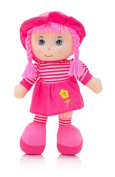 粉红的 Plushie 娃娃隔离在白色背景与阴影反射 可爱的布娃娃孤立在白色背景与阴影反射 白色背景上的粉红娃娃 — 图库照片