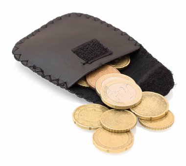 El yapımı deri cüzdan para çanta gölge yansıması ile beyaz arka plan üzerinde izole Euro para ile değiştirin. Deri sikke tepsi çanta beyaz zemin üzerinde. Sikke çanta cüzdan.