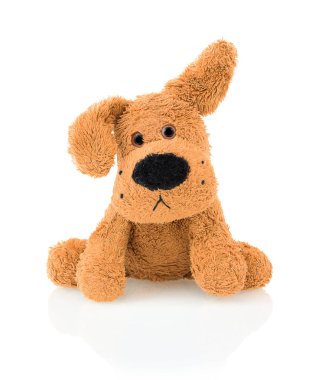 Sevimli köpek oyuncak bebek gölge yansıması ile beyaz arka plan üzerinde izole. Oynak parlak kahverengi köpek beyaz altlık üzerinde oturan.