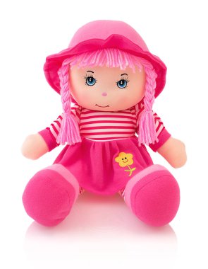 Pink plushie doll isolated on white background with shadow reflection. Cute pinky rag baby doll sitting on white underlay. Nice contemporary rag baby with pink hair. Modern joyfully rag baby with cap. clipart