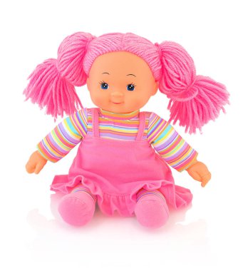 Pinky plushie bebek gölge yansıması ile beyaz arka plan üzerinde izole. Şirin serçe bez bebek bebek beyaz altlık üzerinde oturuyor. Pembe saçlı güzel çağdaş bez bebek. Modern sevinçle bez bebek.